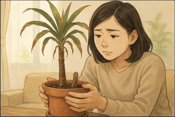 室内で日本人女性が枯れかけたドラセナの鉢を両手で包み込み、心配そうに幹の状態を見つめている。背景にやわらかい自然光が差し込むリビング。植物の葉の先が茶色くなっており、乾燥した雰囲気。