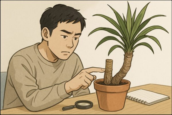 日本人男性が机の上のドラセナを前に、幹を指で押して状態を確認している。幹の一部がスカスカ、別の部分がブヨブヨしており、観察する表情。横にはノートと鉢の土の観察道具。明るい室内。