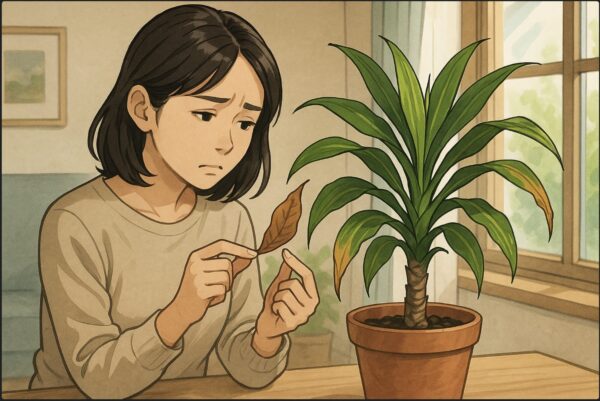 日本人女性がリビングの窓際で、枯れかけたドラセナの鉢植えを前に、葉の色を見比べながら悩んでいる。背景に自然光の入る明るい室内、落ち着いた雰囲気。