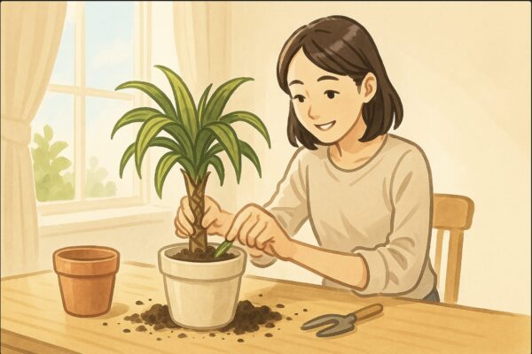 日本人女性がドラセナの鉢を新しい土に植え替えている。清潔なテーブルの上で手際よく作業し、表情は希望に満ちている。窓から柔らかな光が差す明るい部屋。