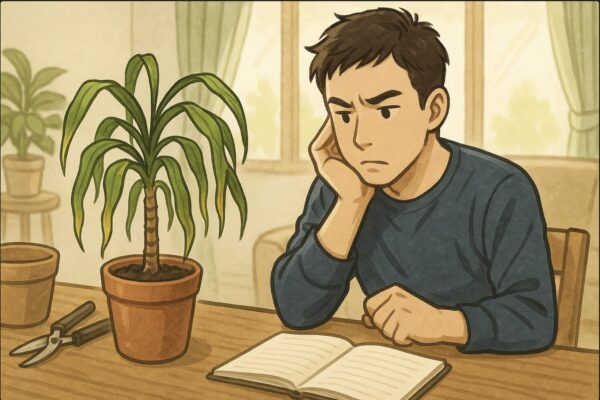 日本人男性が机の上のドラセナを前に、葉の垂れ具合を観察している。机の上には園芸ハサミや鉢、ノートなどがあり、真剣な表情で原因を考えている様子。自然光が差し込むリビング。