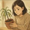 室内で、日本人女性がしおれたドラセナの鉢を両手で抱え、不安そうに覗き込んでいる。背景には窓際の観葉植物と柔らかな自然光。暖かい雰囲気で、植物の元気のなさが伝わる構図。