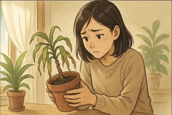 室内で、日本人女性がしおれたドラセナの鉢を両手で抱え、不安そうに覗き込んでいる。背景には窓際の観葉植物と柔らかな自然光。暖かい雰囲気で、植物の元気のなさが伝わる構図。
