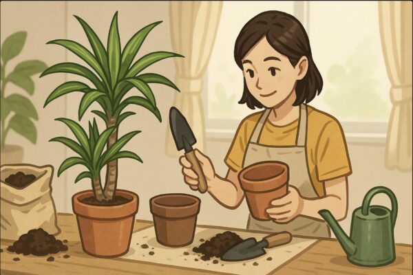 日本人女性が作業台の上にドラセナの鉢を置き、土や鉢を準備している。手にはスコップと新しい鉢、周囲に用土やジョウロなど園芸用品。明るい屋内。