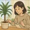 日本人女性が室内のリビングで、鉢に植えられたドラセナを前に、根元を観察しながらメモを取っている。植物の状態を確かめる穏やかな表情。背景に明るい窓と観葉植物。