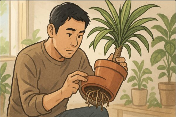 日本人男性がドラセナの鉢を持ち上げて底を覗き込み、鉢底から出た根を確認している。自然光が入る室内、観葉植物に囲まれた落ち着いた雰囲気。