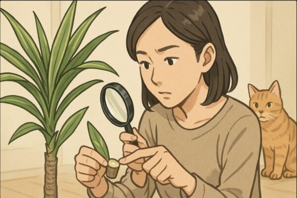 日本人女性がドラセナの茎を小さくカットし、断面をルーペで覗き込みながら、指先で樹液の部分に触れてサポニン成分を確認する動作。猫は少し離れた場所から様子を見ている。