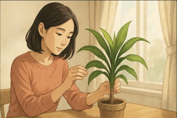 日本人女性が鉢植えのドラセナの葉を手で優しく広げながら、水やりのタイミングを確認している。背景には明るい窓辺とカーテン越しの柔らかい光。