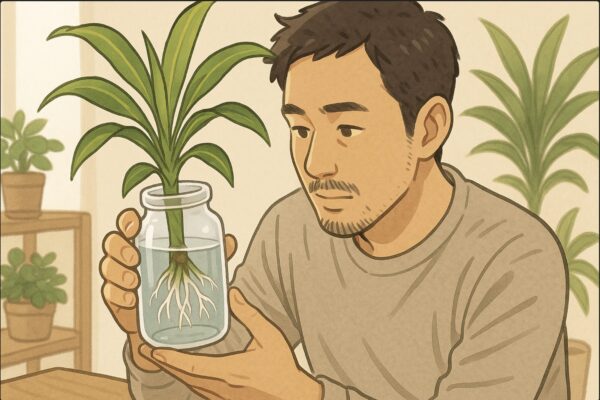 日本人男性がドラセナの根の状態を観察している。透明な瓶を手に持ち、白い根をじっくりチェックしている様子。自然光の入る室内、背景に棚と他の観葉植物。