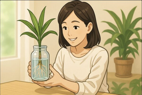 日本人女性が明るい室内のテーブルで、透明なガラス瓶の中で根が伸びたドラセナを嬉しそうに見つめている。背景に観葉植物があり、穏やかな日差し。清潔感と安心感のある雰囲気。