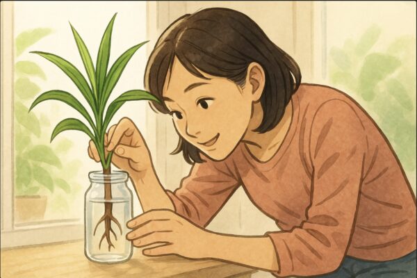 日本人女性が明るい窓辺で、ドラセナの茎をガラス瓶に挿している。水に浸かった切り口から発根を確認しようとしゃがみ込んで覗き込む場面。背景に緑の観葉植物や柔らかい日差し。