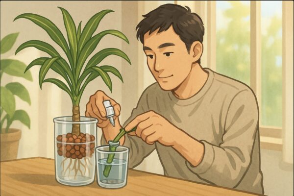 日本人男性がハイドロカルチャー用の容器の水位を確認しながら、根腐れ防止剤を入れている。容器の中にはハイドロボールが見え、背景に日当たりのよい窓辺。