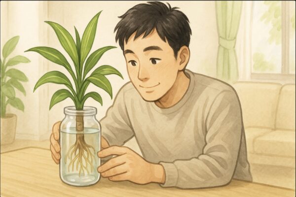 日本人男性がリビングのテーブルに置かれた透明なガラス容器のドラセナを前に、水耕栽培の根を優しく観察している。背景に柔らかな自然光が差し込み、清潔でナチュラルな雰囲気の室内。