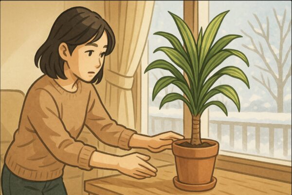日本人女性がリビングの窓際でドラセナを置く位置を調整している。外には雪景色が見え、室内は暖かい雰囲気。窓際の冷気を避けて少し内側に鉢を移動させる動作。