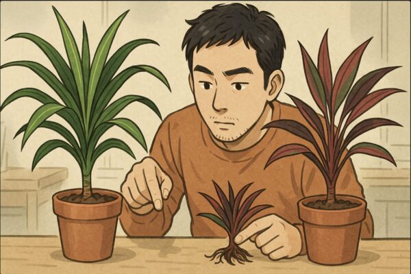 日本人男性が2つの鉢植えを前に、ドラセナとコルディリネの葉を並べて比較している。根の色の違いを指差しながら観察しており、背景は室内の作業台。植物学的な観察の雰囲気。
