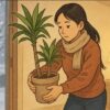 冬の室内で日本人女性が、窓の外の雪を背景にドラセナの鉢植えを抱えて室内へ運び入れている。外は寒そうな風景、室内は暖かい照明。女性は慎重にドラセナを守るように抱えている。