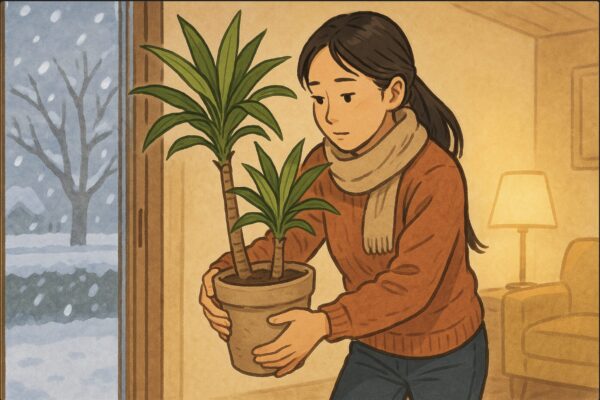 冬の室内で日本人女性が、窓の外の雪を背景にドラセナの鉢植えを抱えて室内へ運び入れている。外は寒そうな風景、室内は暖かい照明。女性は慎重にドラセナを守るように抱えている。