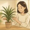 日本人女性が明るいリビングで鉢植えのドラセナをテーブルに置き、葉を優しく整えている。窓際に柔らかい日差しが入り、清潔でナチュラルな雰囲気。背景には観葉植物が数点見える。