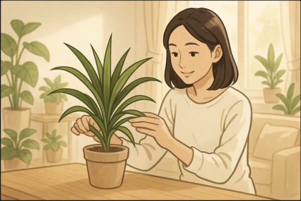 日本人女性が明るいリビングで鉢植えのドラセナをテーブルに置き、葉を優しく整えている。窓際に柔らかい日差しが入り、清潔でナチュラルな雰囲気。背景には観葉植物が数点見える。