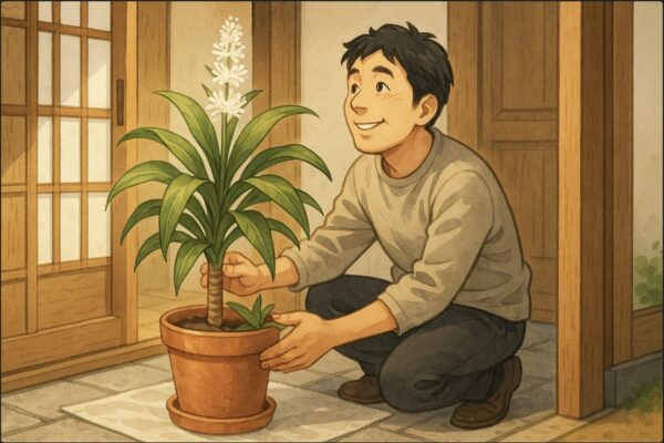 日本の玄関先で、日本人男性が開花したドラセナの鉢を玄関ドア横にそっと配置している。ドラセナには白い花が房状に咲いており、室内に良い気を招き入れるような構図。背景は和モダンな玄関。表情は穏やかで縁起を意識した様子。