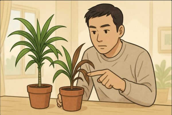日本人男性が机の上に置かれた数種類のドラセナを見比べ、葉の色の違いを指で指し示している。片方の株は健康な緑、もう片方は葉焼けで茶色く変色。背景は明るい日中の室内。