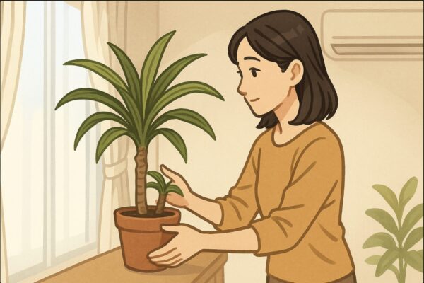 日本人女性がドラセナを窓際から少し離して移動させている。カーテン越しの柔らかな光、背景にエアコンが見える室内。穏やかな表情で環境を整えている様子。