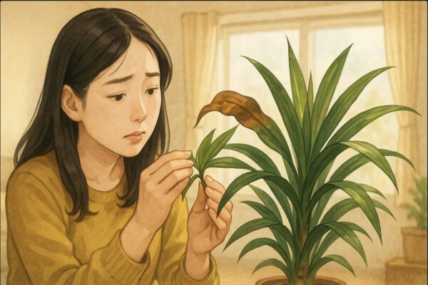 室内で日本人女性が、茶色く変色したドラセナの葉を両手でそっと持ち上げ、心配そうに観察している。背景は明るいリビング、窓から柔らかな日差し。暖かいトーンの照明。