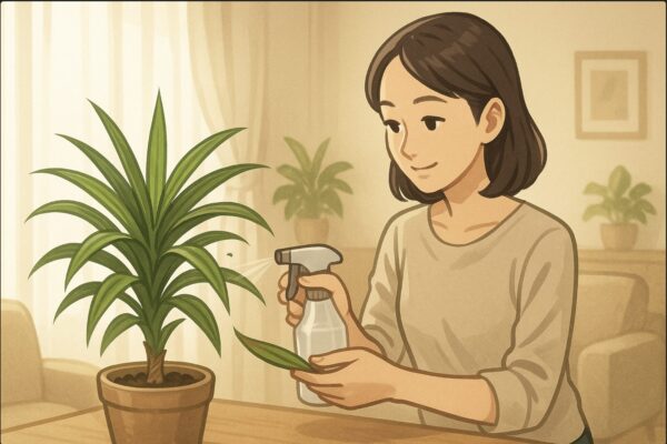 日本人女性がリビングでドラセナに霧吹きで葉水をしている。レースカーテン越しに柔らかい光が入り、健康そうなドラセナの葉が輝いている。穏やかな雰囲気のインテリア。