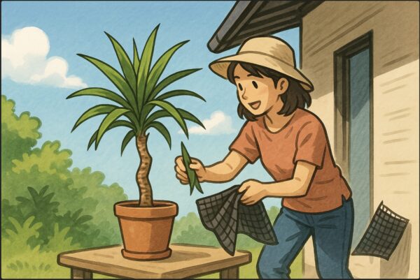 日本人女性が庭の軒下でドラセナの鉢を日陰に移動させている。背景に夏の青空と建物の陰。手には遮光ネットがあり、葉焼け防止の作業をしている様子。