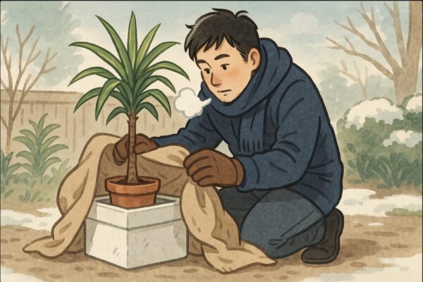 冬の庭で日本人男性が、鉢植えのドラセナを発泡スチロール箱や毛布で包んで防寒対策をしている。吐く息が白く、背景に冬の庭の雰囲気。