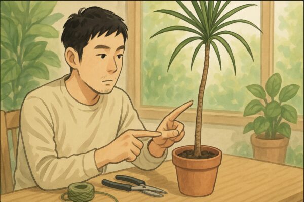 日本人男性がテーブルに並べた剪定道具と鉢を前に、ドラセナ・コンシンネの幹を見ながら剪定位置を指で示している。背景に緑の多い窓辺。