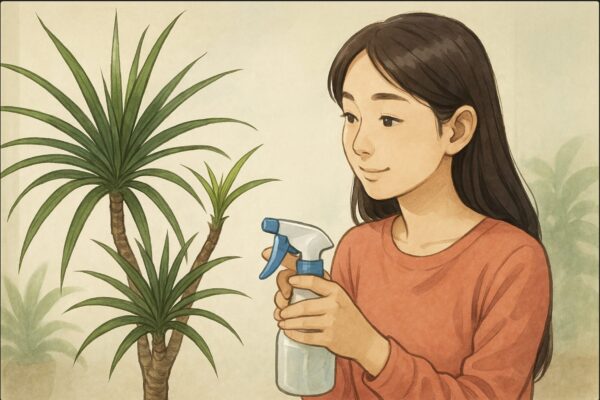 日本人女性が剪定後のドラセナ・コンシンネを優しく霧吹きで潤している。新しい芽が出始めた枝先を見つめながら、水分を調整する穏やかな様子。背景は明るい日陰の室内。