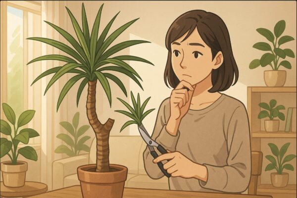 明るい室内で、日本人女性が大きく育ったドラセナ・コンシンネを前に、ハサミを手に持ちながらどこを切るか考えている。日差しが差し込むリビング、観葉植物に囲まれた穏やかな雰囲気。