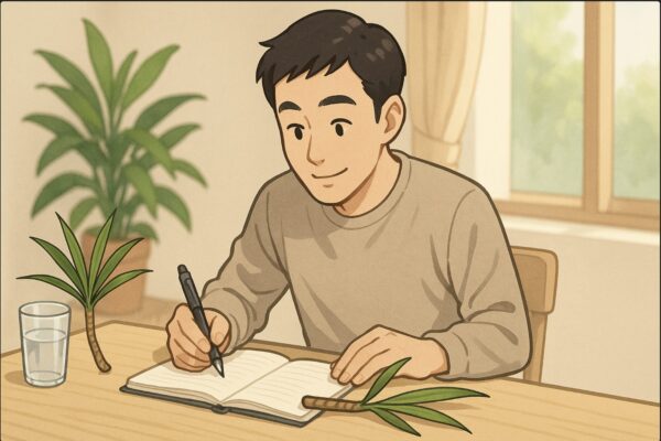 日本人男性がテーブルの上に置いたドラセナの枝を見ながら、ノートに挿し木の工程を書き込んでいる。横にはコップに入った水と挿し穂があり、観葉植物の世話を楽しむ様子。
