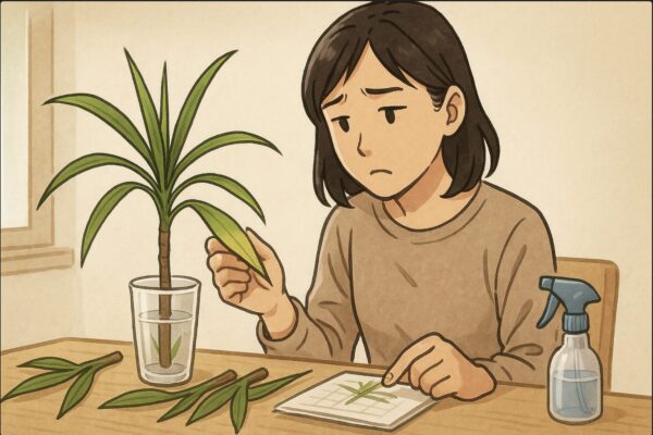 日本人女性が室内でドラセナの挿し木を観察し、少し不安そうな表情で葉の色を見ている。テーブルの上には数本の挿し穂と霧吹きが置かれ、育成管理のシーン。