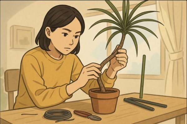 日本人女性が作業机の上で、ドラセナ・コンシンネの幹を慎重に触りながら曲げ方を確認している。周囲に針金や支柱などの園芸道具が並んでいる。真剣な表情で、光の入る明るい室内。