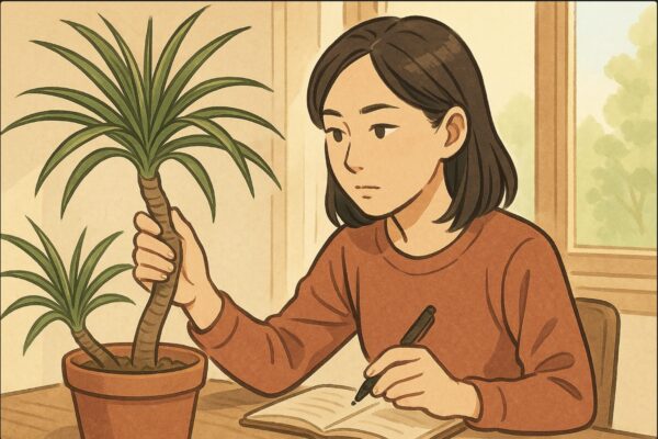 日本人女性がドラセナの幹を見ながら慎重に判断し、ノートにメモを取っている。曲げるか剪定するかを考えている場面。植物に柔らかい日差しが当たる。