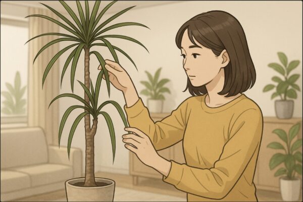 リビングの室内で、日本人女性が背の高いドラセナ・コンシンネを正面から少し離れて観察している。片手で葉先の垂れ具合をそっと持ち上げ、もう片手で幹の硬さを確認しようとしている様子。背景には観葉植物のある清潔な室内インテリア。