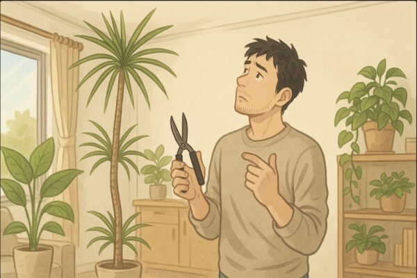日本人男性がリビングで、天井に届きそうなドラセナ・コンシンネを見上げながら、剪定バサミを手に悩む表情をしている。室内は明るい日差しが入り、観葉植物が複数置かれたナチュラルインテリア。