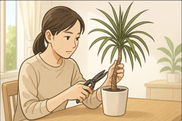 日本人女性が明るい室内のテーブルで、健康なドラセナ・コンシンネの鉢植えを前に、剪定ばさみを手にしながら幹の状態を確認している。背景には日差しが差し込む窓辺、ナチュラルで清潔感のある雰囲気。