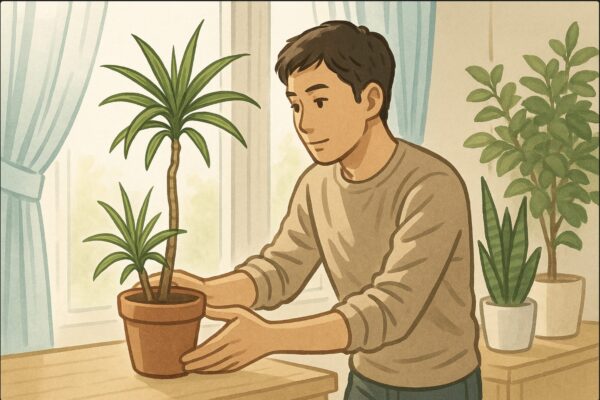 日本人男性が明るい窓辺で、ドラセナの鉢を配置換えしている。背景にはカーテン越しの柔らかい光、他の観葉植物も並び、理想的な置き場所を整えている場面。