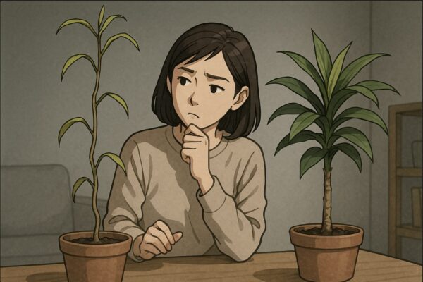 日本人女性が室内のやや暗い場所で、ひょろひょろと伸びたドラセナを手前に置き、正常な株と比較しながら首をかしげて観察している。光が届かない奥まったリビングの一角。