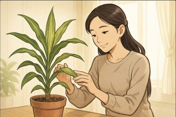 日本人女性がドラセナの鉢を丁寧に手入れしながら、健康そうな葉を確認している。背景に明るいレースカーテン越しの窓。植物を大切に育てる温かな雰囲気。