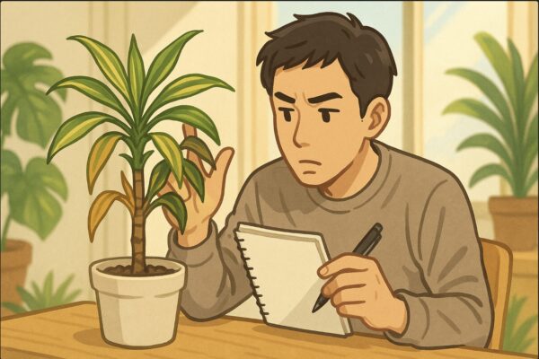 日本人男性が机の上のドラセナの鉢を前に、ノートとペンを手に取りながら、葉や幹を観察して原因を考えている。葉の色の違いや幹の状態を比較しているような構図。背景に観葉植物と明るい日差し。
