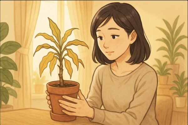 日本人女性がリビングの明るい窓辺で、枯れかけたドラセナを両手で支えながら見つめている。葉が黄色く、少し元気がない様子。背景には観葉植物が並ぶ温かな部屋。優しい照明、希望を感じる表情。