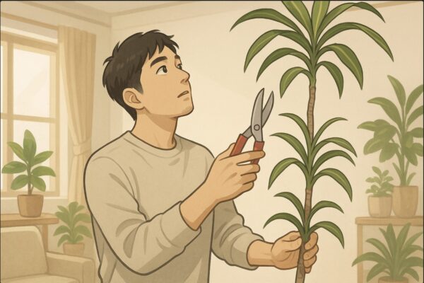 日本人男性がリビングの明るい窓辺で、伸びすぎたドラセナ・サンデリアーナを見上げながら、剪定バサミを手に持って剪定の位置を確認している。背景には観葉植物のあるナチュラルな室内。