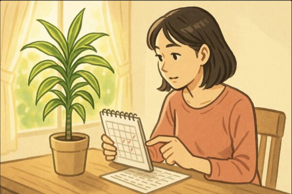 日本人女性が机の上に置いたドラセナ・サンデリアーナを前に、育成カレンダーを見ながら剪定のタイミングを確認している。明るい日差し、植物の葉が健康的に輝く。