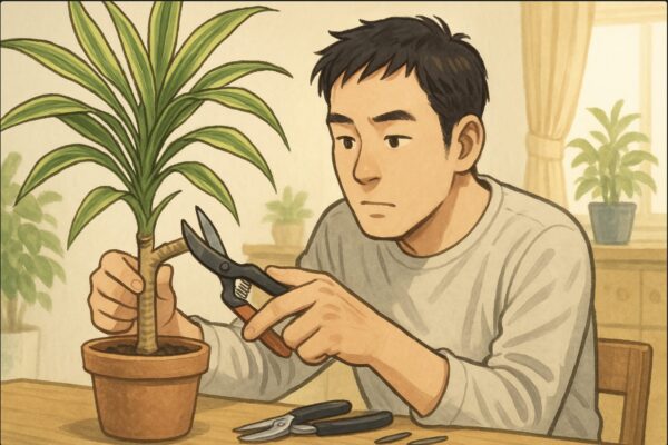 日本人男性がドラセナ・サンデリアーナの幹を慎重にカットし、切り口を確認している場面。背景は明るいリビングで、剪定道具が整然と並んでいる。