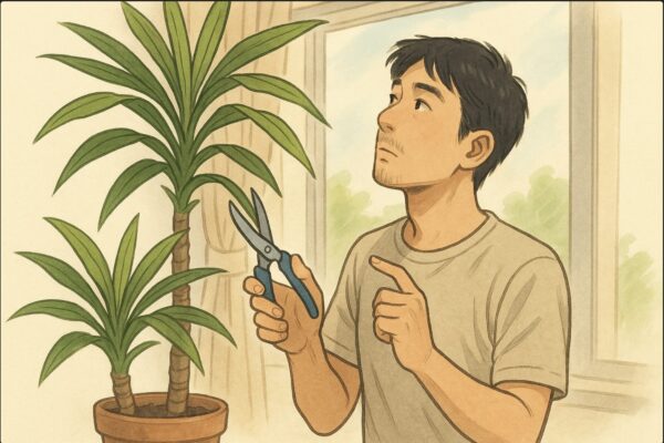 室内の明るい窓辺で、日本人男性がハサミを手に、背の高く伸びたドラセナ・サンデリアーナを見上げながらどこを切るか考えている。鉢植えの周囲に自然光、穏やかな雰囲気。