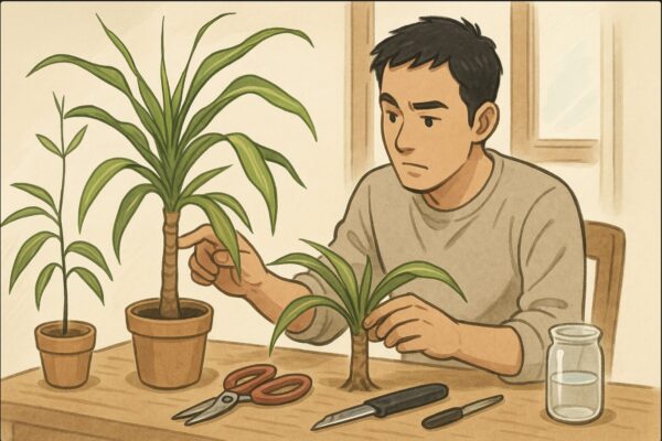 日本人男性が剪定ばさみやカッター、挿し木用の水挿し容器などの道具を机に並べ、伸びすぎたドラセナを前に「どこを切るか」「どの方法で再生するか」を検討している場面。幹の太さや葉の状態を手で触れて確認する動作が明確に描かれる。